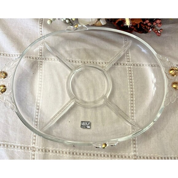 Vintage Mikasa Glass Serving Dish – Clear Glass with Goldtone Accents – 16 Inch - Picture 2 of 8